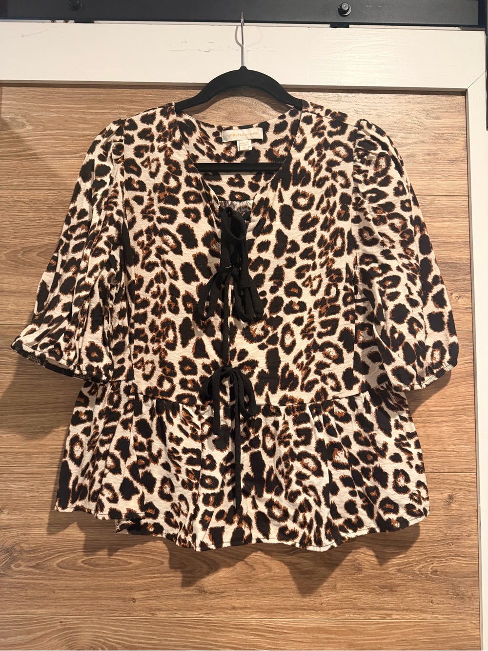 Leopard Print Peplum Tie-Front Blouse - Brown/Black